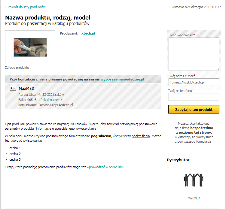 Przykładowa strona szczegółów produktu w serwisie wyposazeniemedyczne.pl